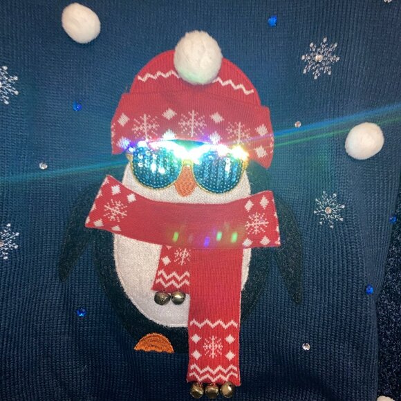 Ugly Christmas Sweater Holiday time m  8 to 10 penguin.  Lights Work. Blink.blue - Picture 7 of 8